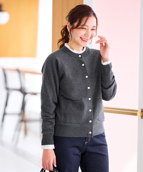 レディース クルーネック ダブルニット カーディガン【手洗いOK】通販