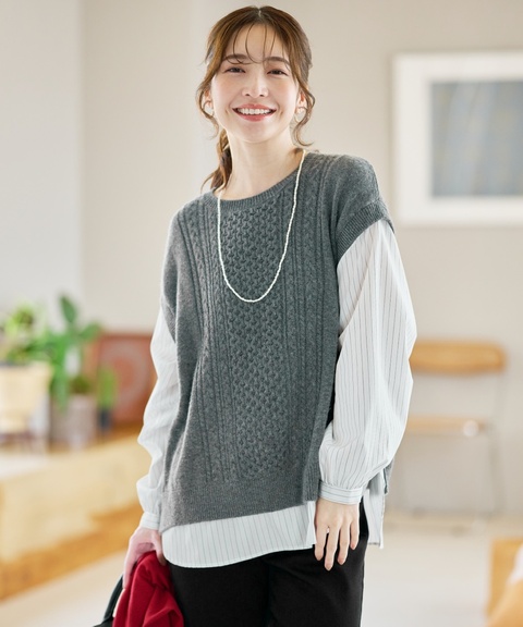 レディース ストライプ ドッキング ニット【手洗いOK】【オンライン