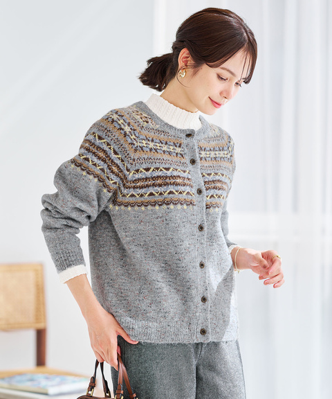 レディース ウールブレンド フェアアイル柄 ニットカーディガン
