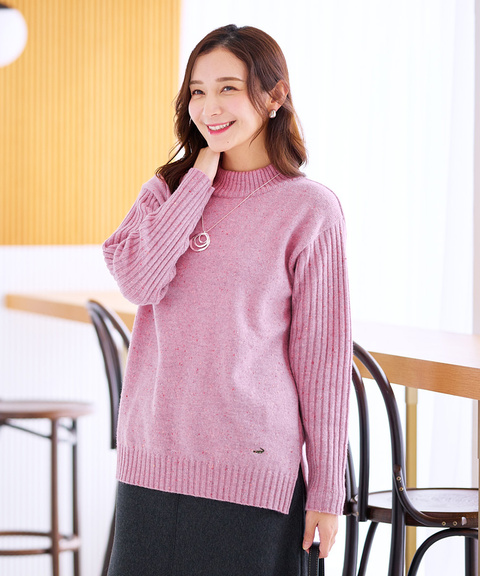 レディース ウールブレンド ハイネック ネップ ニットチュニック