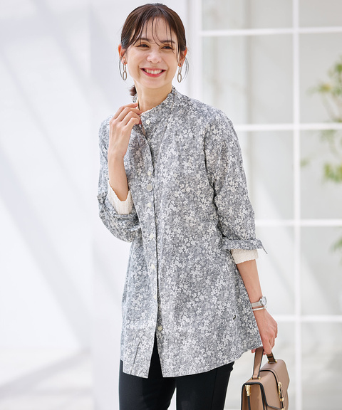 レディース フリルカラー 小花柄 チュニック【オンラインショップ限定