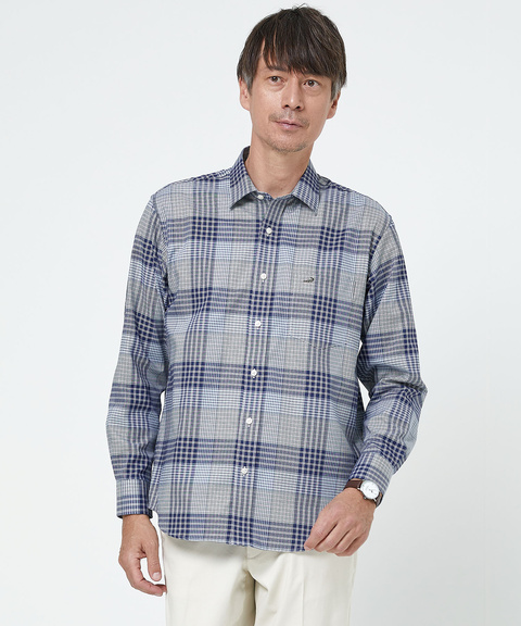 クロコダイル　ミントグリーン ニット & 水色 チェックシャツ メンズ パッチワーク風 チェック シャツ通販 [1601-00511