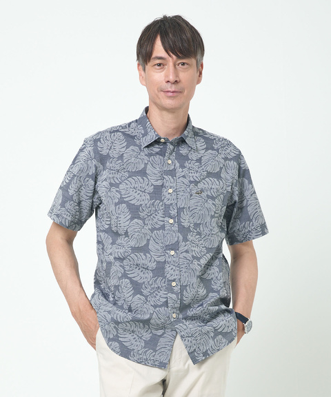 わいわいページ メンズ ジャカード リーフ柄 シャツ 【吸汗速乾】【シワになりにくい