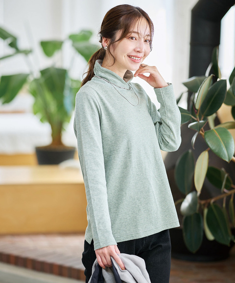 レディース 裏ボーダー ハイネック カットソー通販 [2002-55217