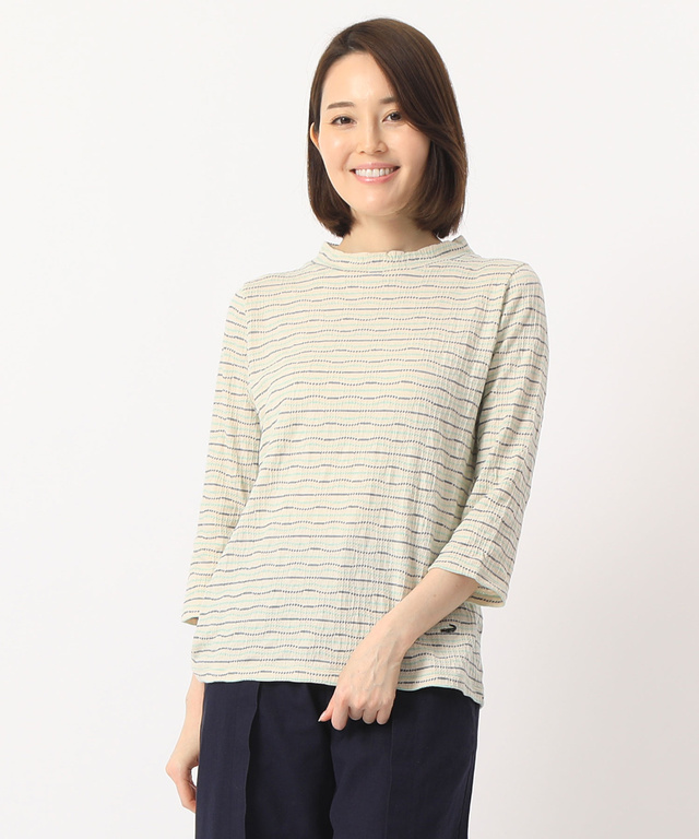 クロコダイルレディスリラックス シャーリングボーダーハイネックTシャツ
