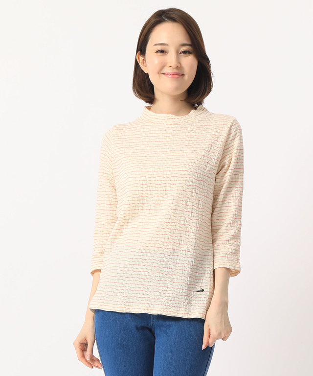 クロコダイルレディスリラックス シャーリングボーダーハイネックTシャツ