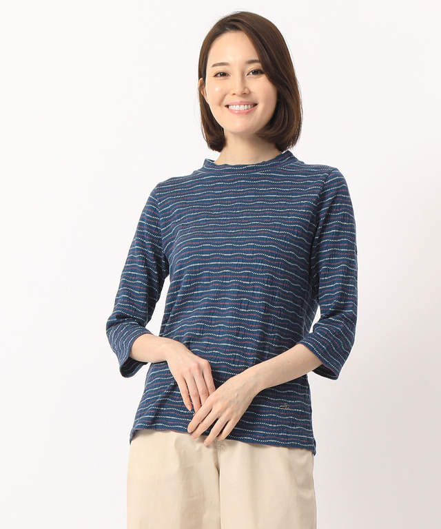 クロコダイルレディスリラックス シャーリングボーダーハイネックTシャツ