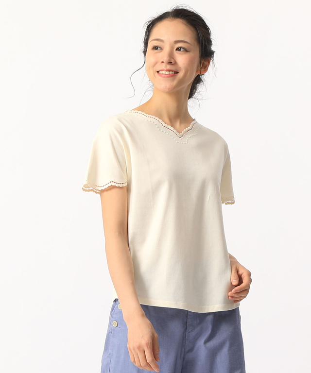 クロコダイルレディスリラックス 襟袖レース風刺繍Tシャツ