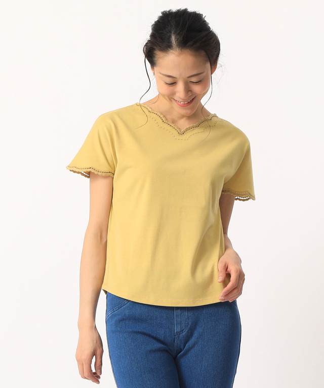 クロコダイルレディスリラックス 襟袖レース風刺繍Tシャツ