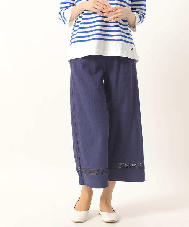 リネンレーヨン裾レースセミワイドパンツ