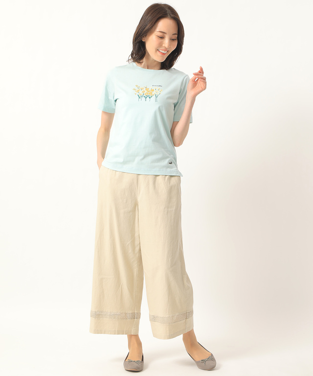 リネンレーヨン裾レースセミワイドパンツ