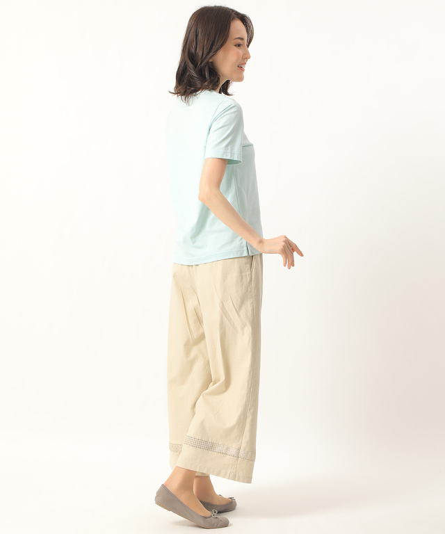 リネンレーヨン裾レースセミワイドパンツ