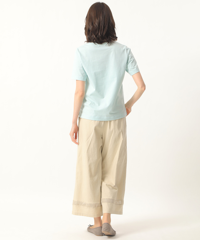 リネンレーヨン裾レースセミワイドパンツ