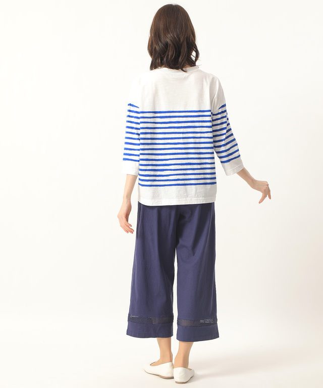 リネンレーヨン裾レースセミワイドパンツ