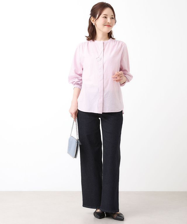 ストライプ  バンドカラー ブラウス