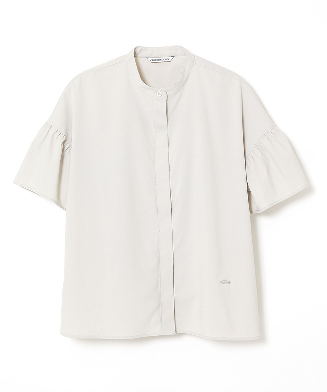 バンドカラー 袖フリル デザインシャツ