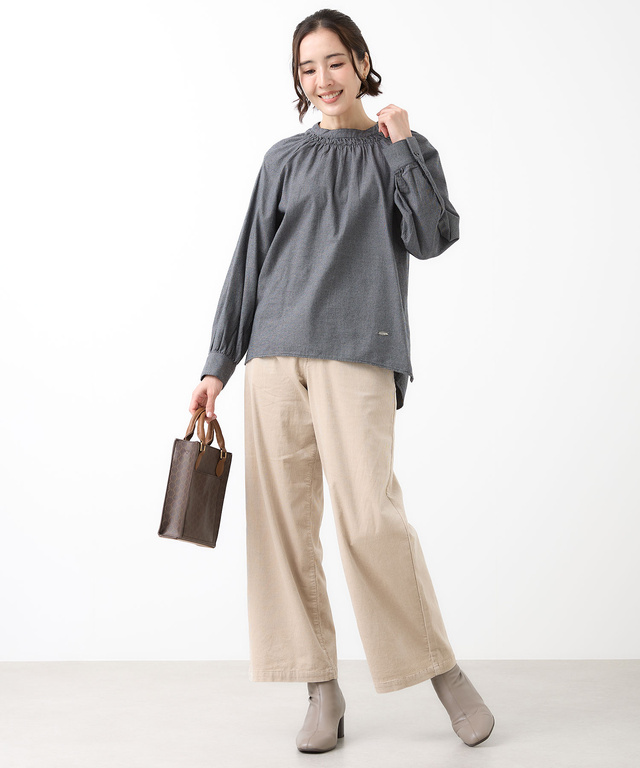 微起毛 チェック ギャザー ブラウス