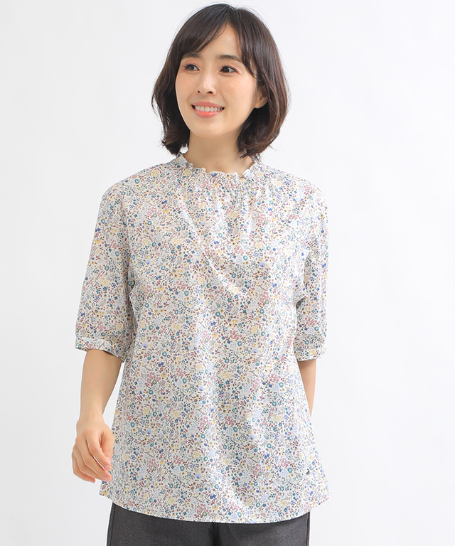 小花柄 衿シャーリング ブラウス