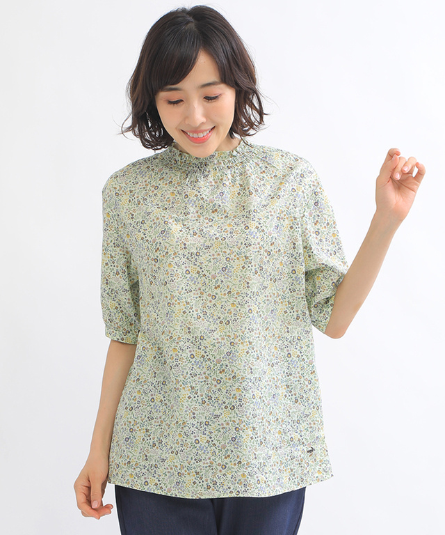 小花柄 衿シャーリング ブラウス