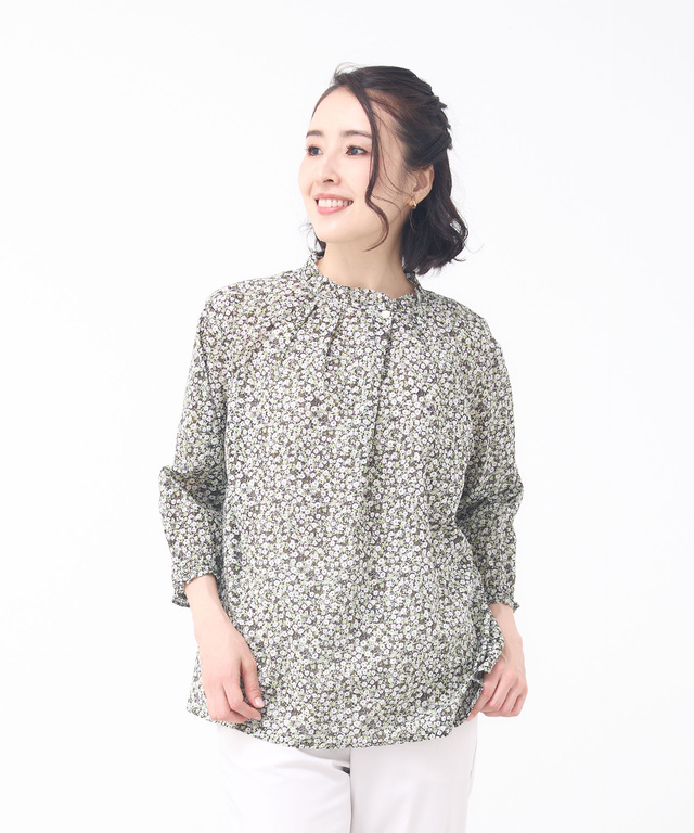 小花柄プリント 七分袖 ギャザーブラウス 【JAPAN FABRIC】