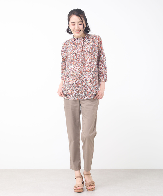 小花柄プリント 七分袖 ギャザーブラウス 【JAPAN FABRIC】