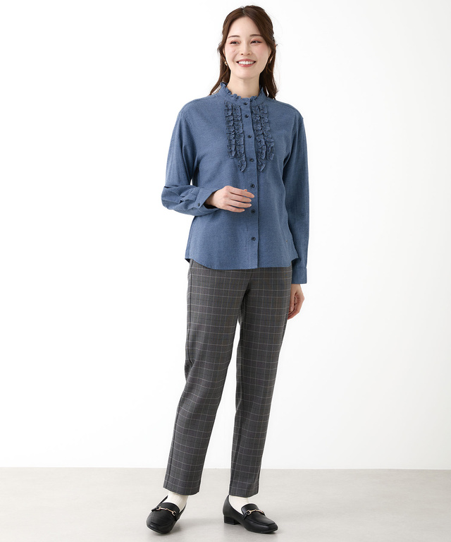 刺繍フリルデザイン 長袖 ブラウス