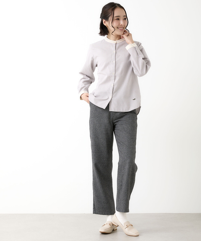 バンドカラー チェック柄 ブラウス