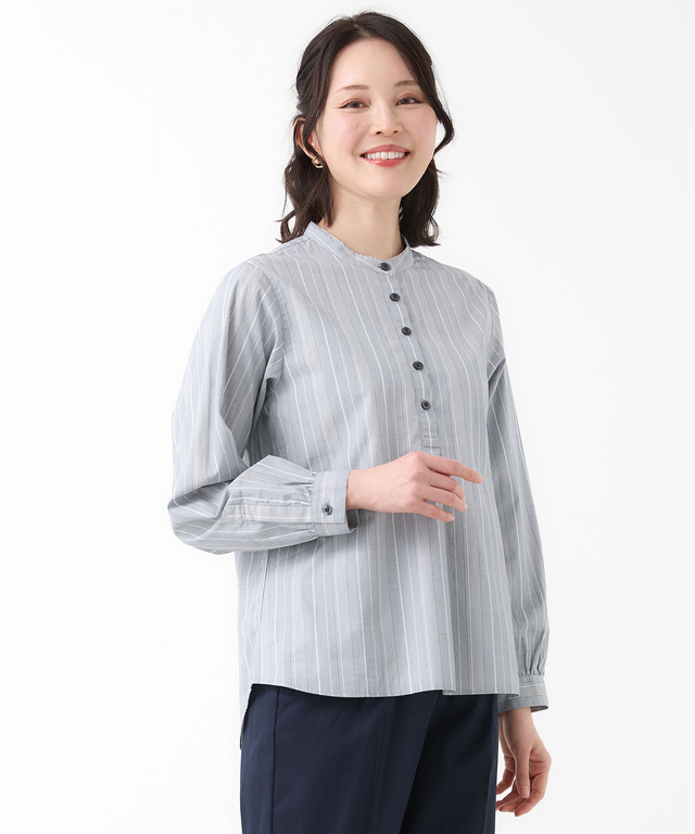 ストライプ バンドカラー ブラウス