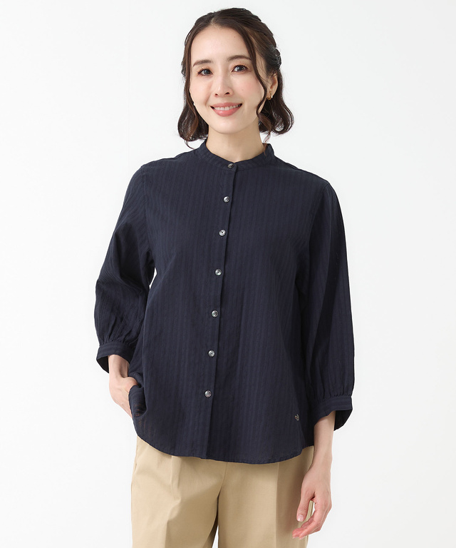 パナマストライプ バンドカラー ブラウス