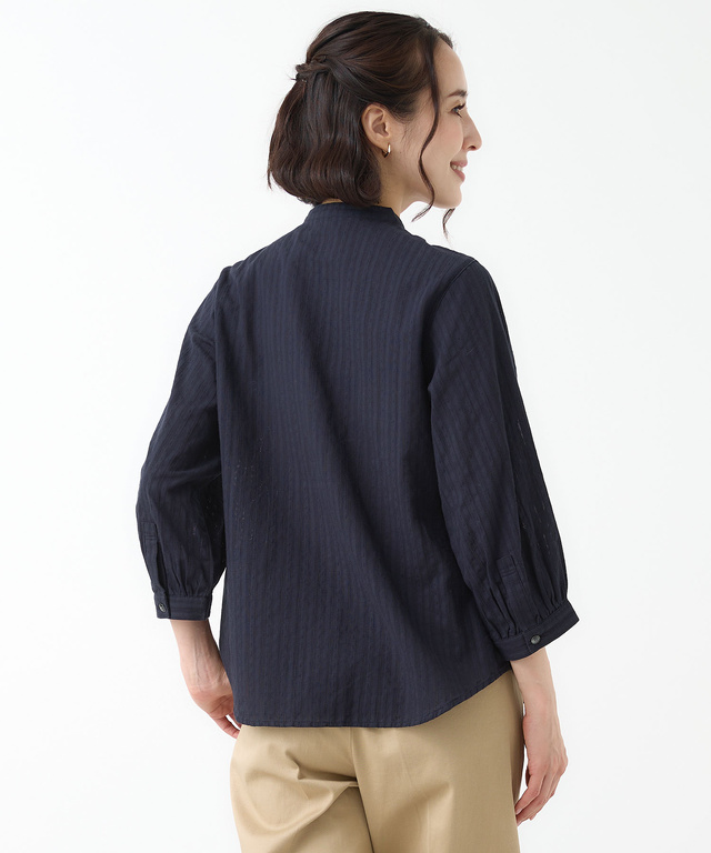 パナマストライプ バンドカラー ブラウス