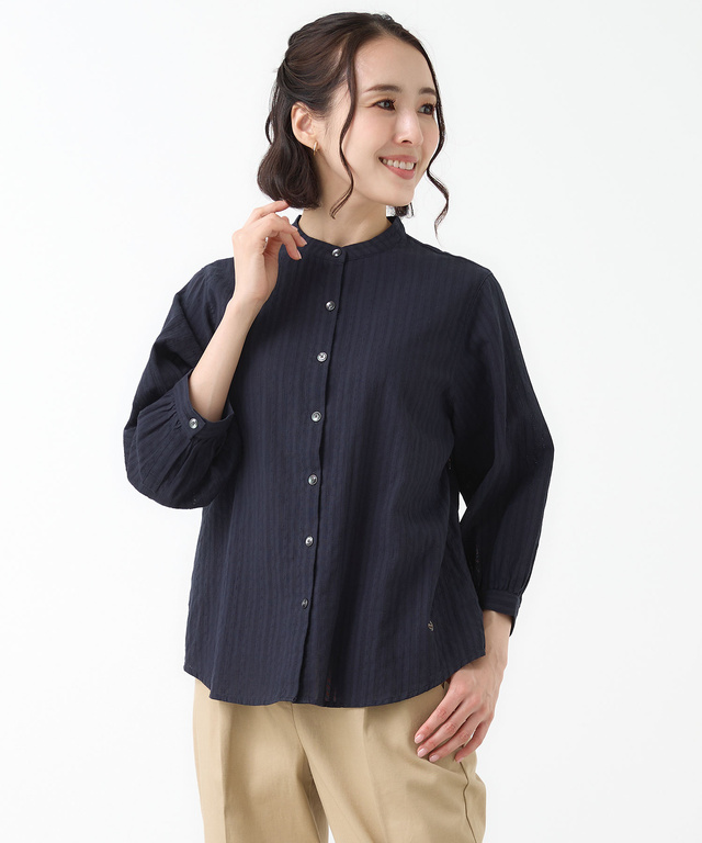 パナマストライプ バンドカラー ブラウス