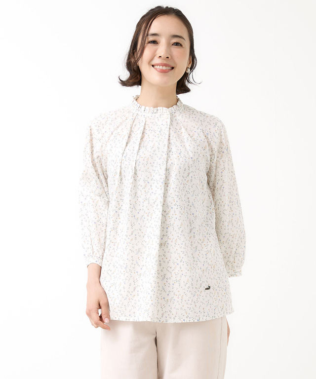 小花柄プリント フリル襟 ブラウス