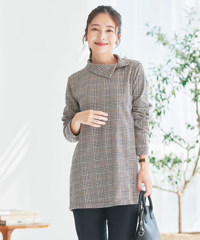 襟デザイン 格子柄 カットチュニック