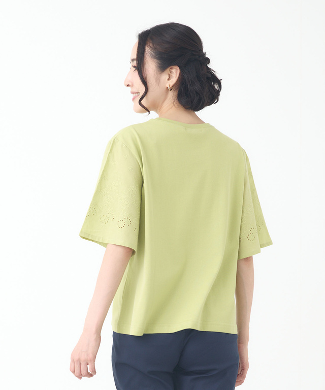 コットン 五分袖 刺繍 Tシャツ