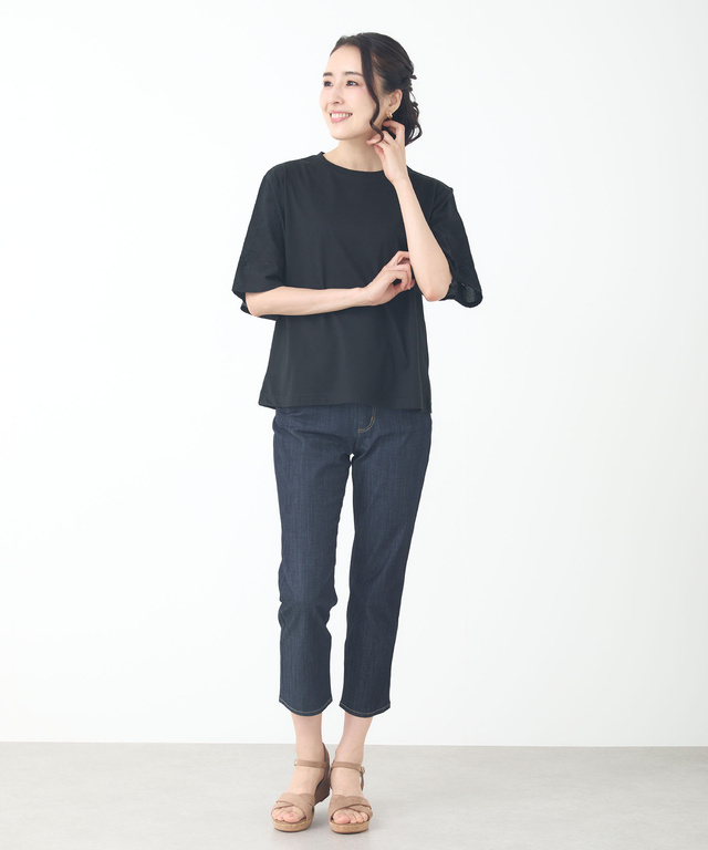 コットン 五分袖 刺繍 Tシャツ