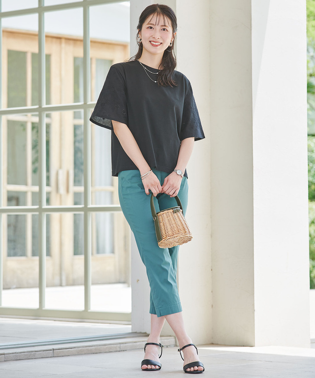 コットン 五分袖 刺繍 Tシャツ