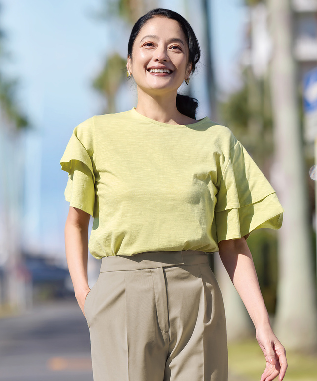 スラブ天竺 フリルスリーブ Tシャツ