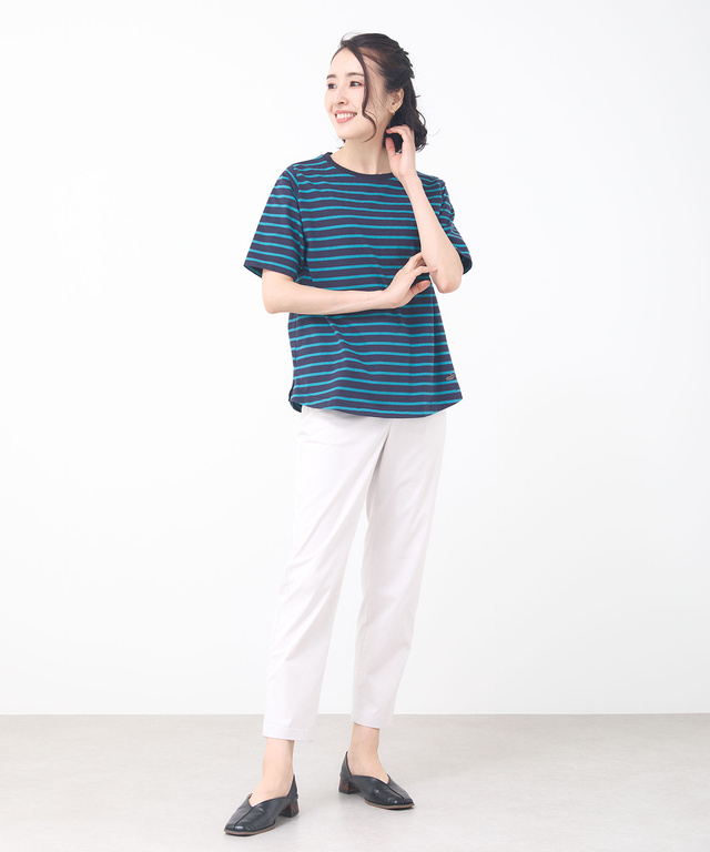 柄編み襟 ボーダー Tシャツ