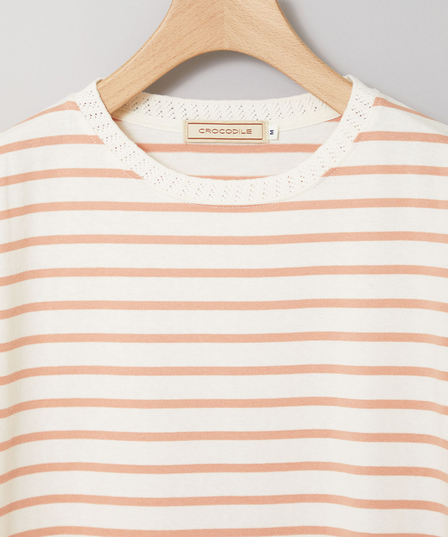 柄編み襟 ボーダー Tシャツ