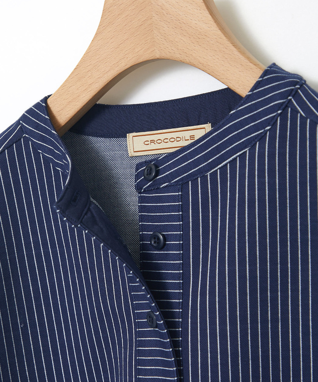 ストライプ ヘンリーネック カットソー