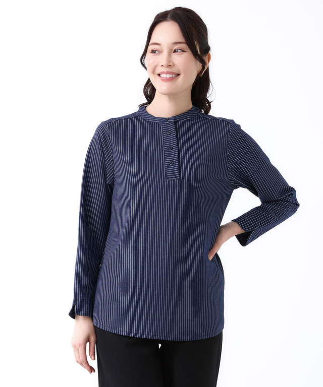 ストライプ ヘンリーネック カットソー