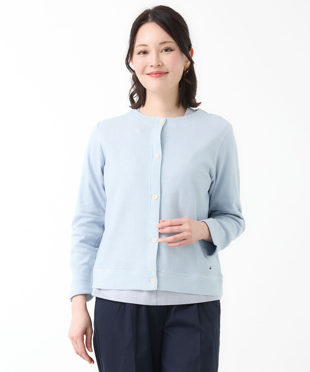 ワッフル生地 切り替え カーディガン