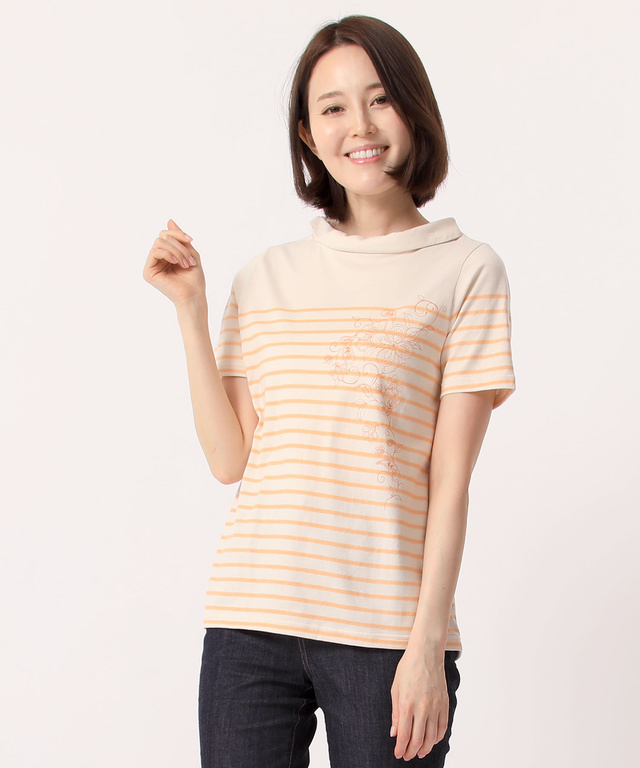ボーダー花プリントTシャツ