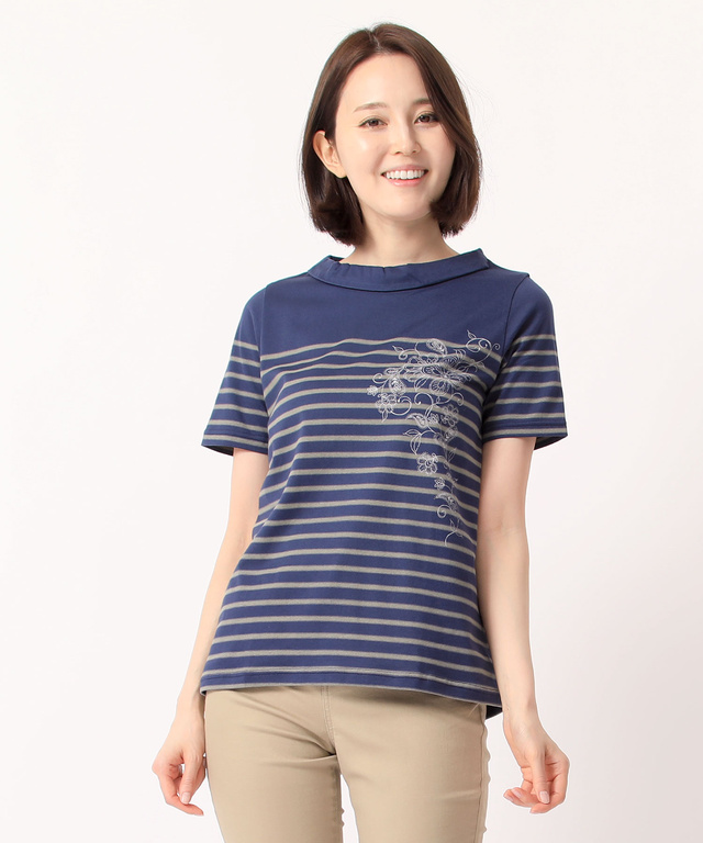 ボーダー花プリントTシャツ