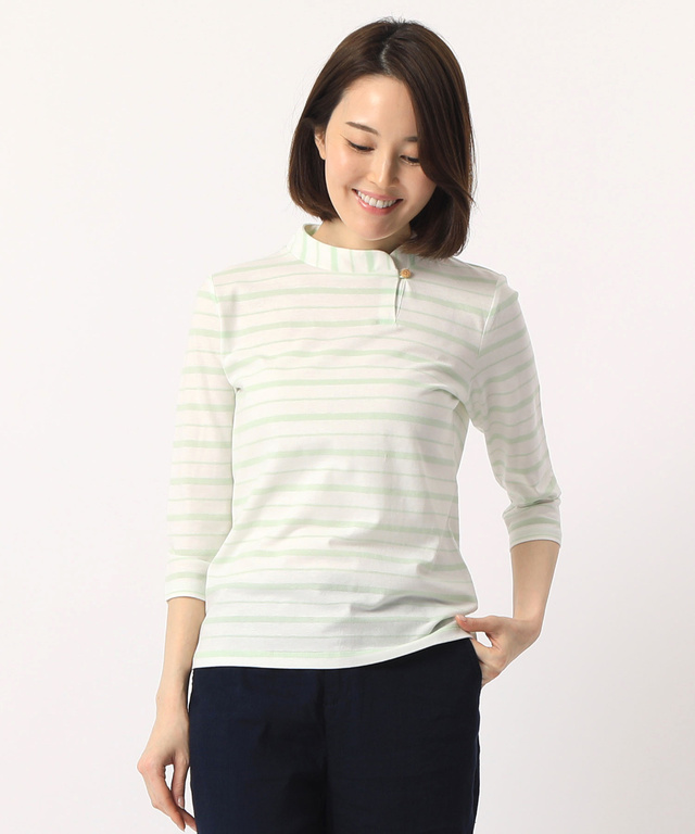 クロコダイルレディス ハイネックボーダーTシャツ【イージーケア】【スノーコットン】