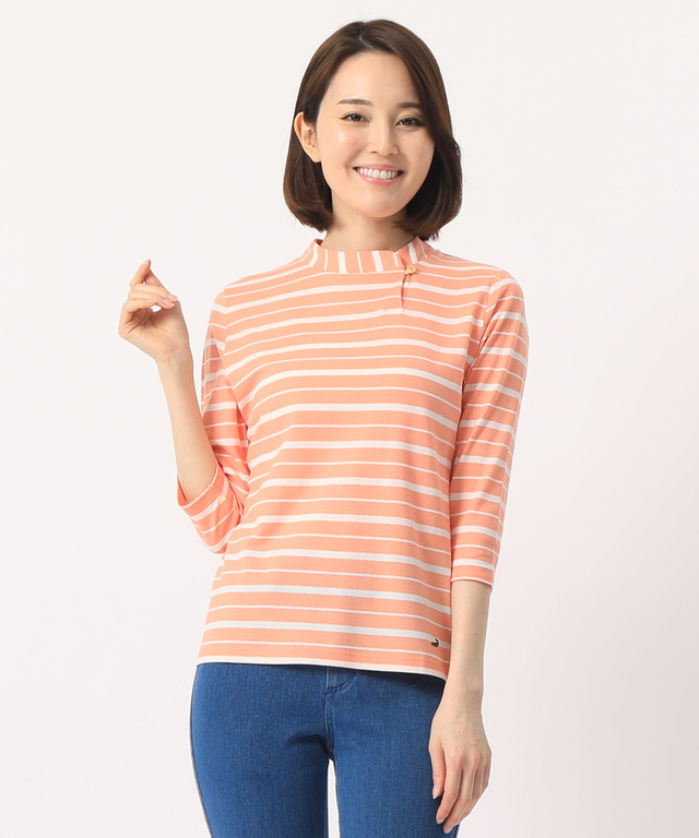 クロコダイルレディス ハイネックボーダーTシャツ【イージーケア】【スノーコットン】