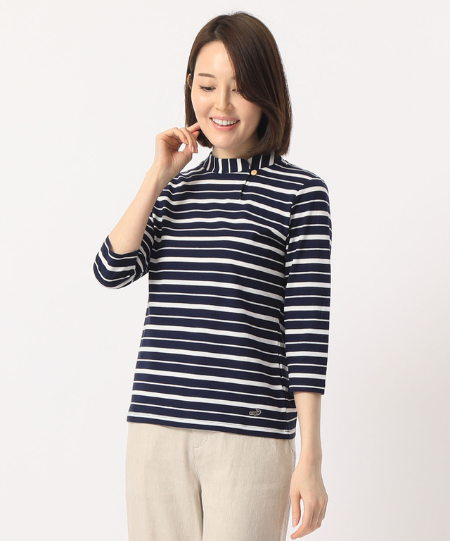 クロコダイルレディス ハイネックボーダーTシャツ【イージーケア】【スノーコットン】