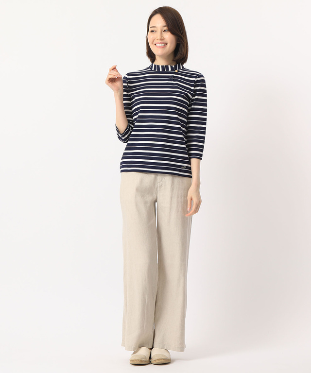 クロコダイルレディス ハイネックボーダーTシャツ【イージーケア】【スノーコットン】