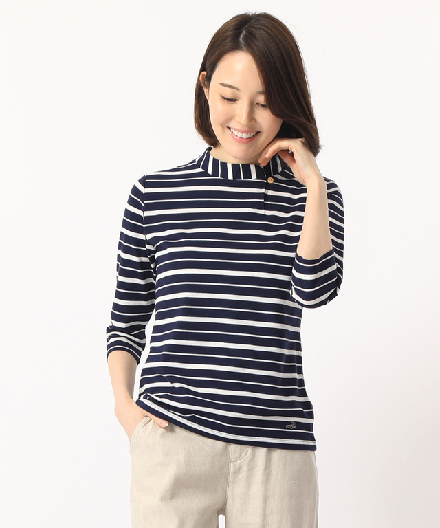 クロコダイルレディス ハイネックボーダーTシャツ【イージーケア】【スノーコットン】