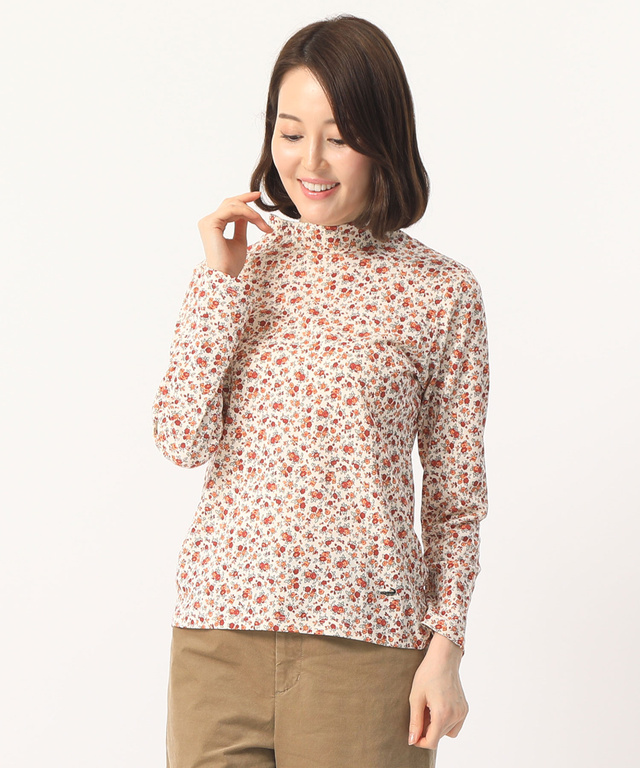 花柄プリントハイネックTシャツ